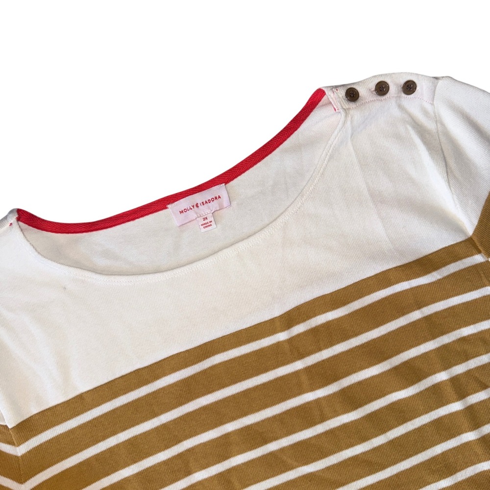 Molly & Isadora Women's 2X Mustard White‎ Stripe Boat Neck 3/4 Sleeve Top NEW